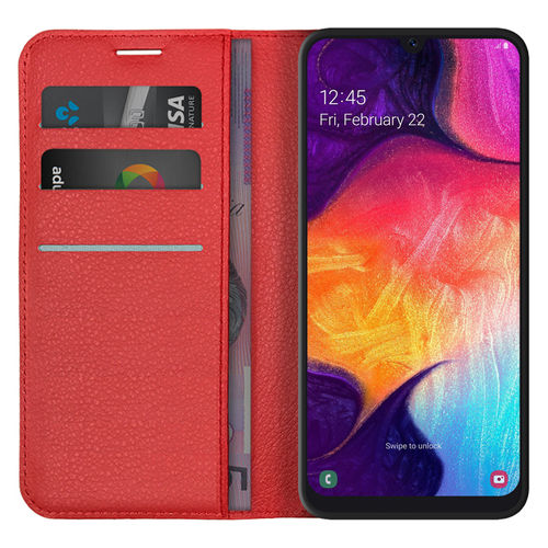 Leather Wallet Case & Card Holder Pouch for Samsung Galaxy A50 - Red